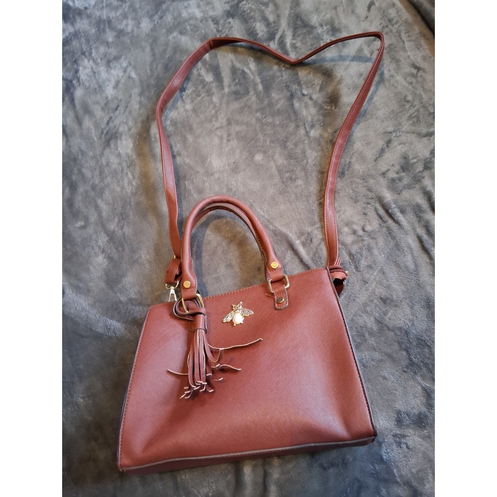Brown Structured Satchel Bee Accent Tassel Gold Hardware Top Handle Shoulder Bag - Picture 4 of 16
